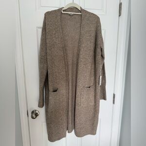 Cielo Long Open-Front Taupe Cardigan with Pockets